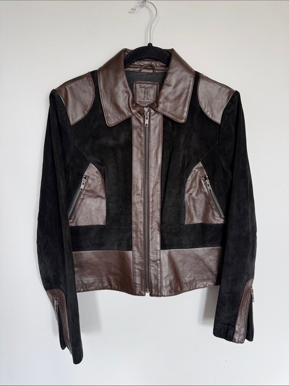 Tristan Genuine Leather Colorblock Moto Jacket Large